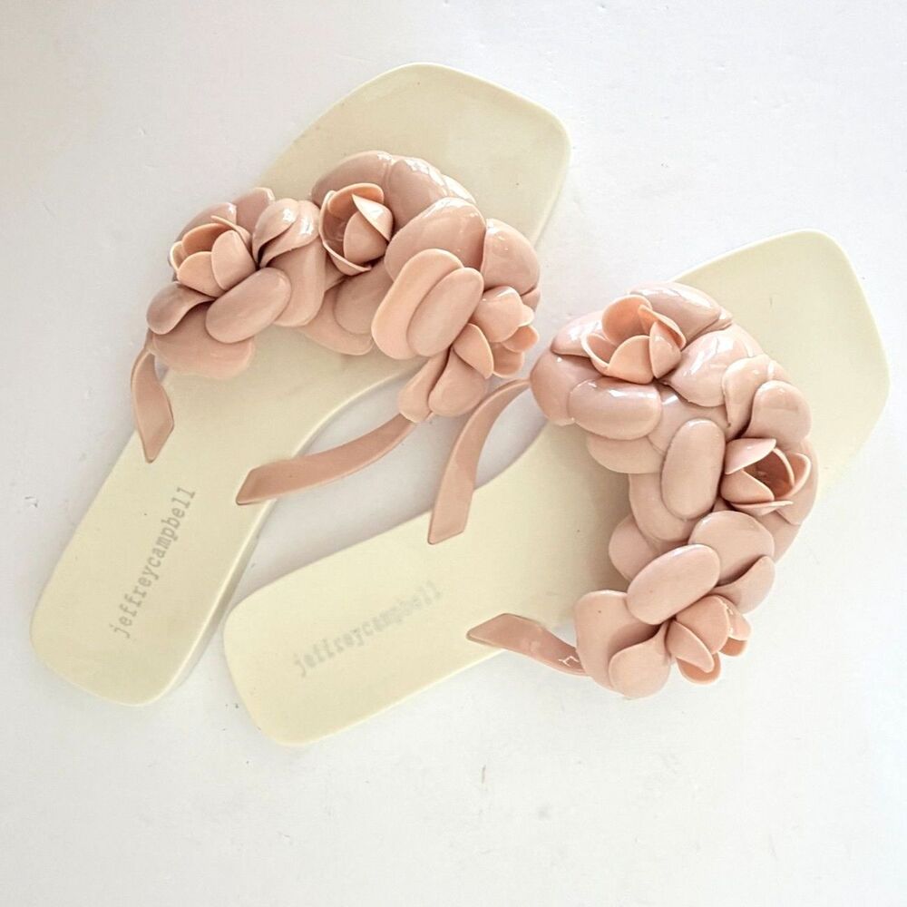 Jeffrey Campbell Fleuris Jelly Flip Flops, 9 Pink & White 3D Floral Sandals
